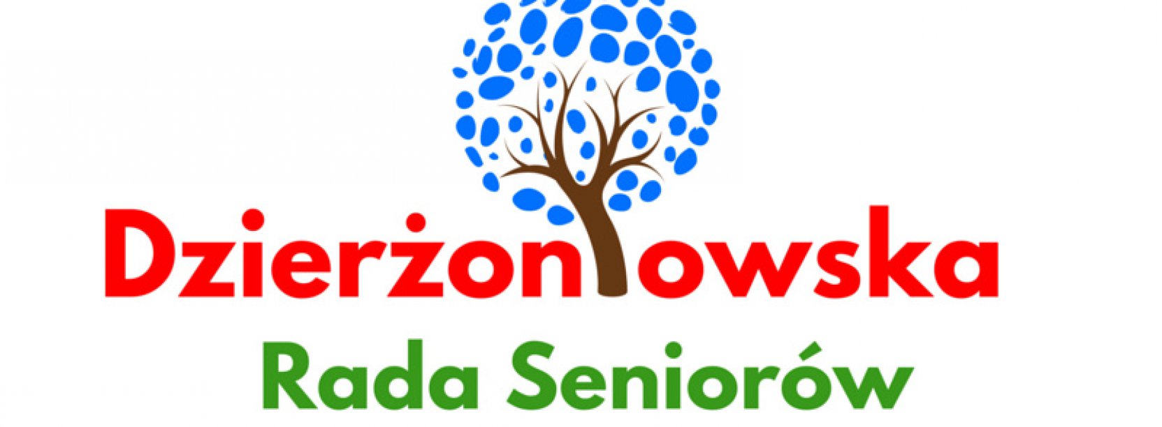 Logo rady seniorów - rysunek drzewa, niebieskie liście, czerwony napis Dzierżoniowska, zielonym Rada Seniorów