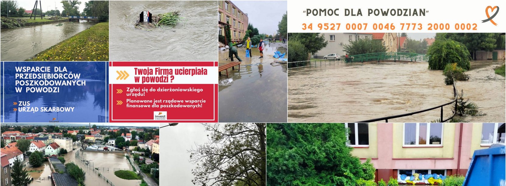 Kolaż zdjęć z powodzi w Dzierżoniowie 