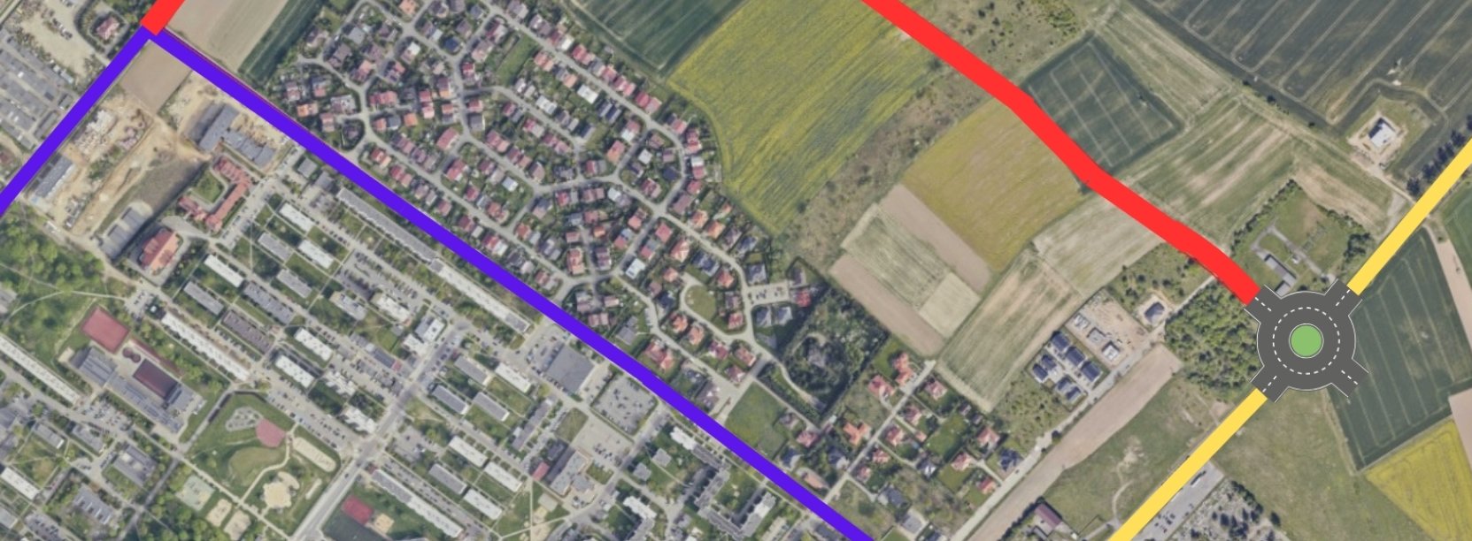 Mapa Dzierżoniowa, na niej naniesione komputerowo rondo i wyznaczony kolorami czerwonym i fioletowym przebieg dróg