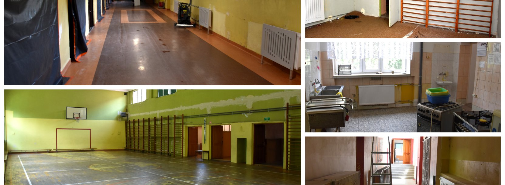 Kolaż zdjęć pomieszczeń SP9 przed remontem - salai gimnastycznej, korytarza i kuchni