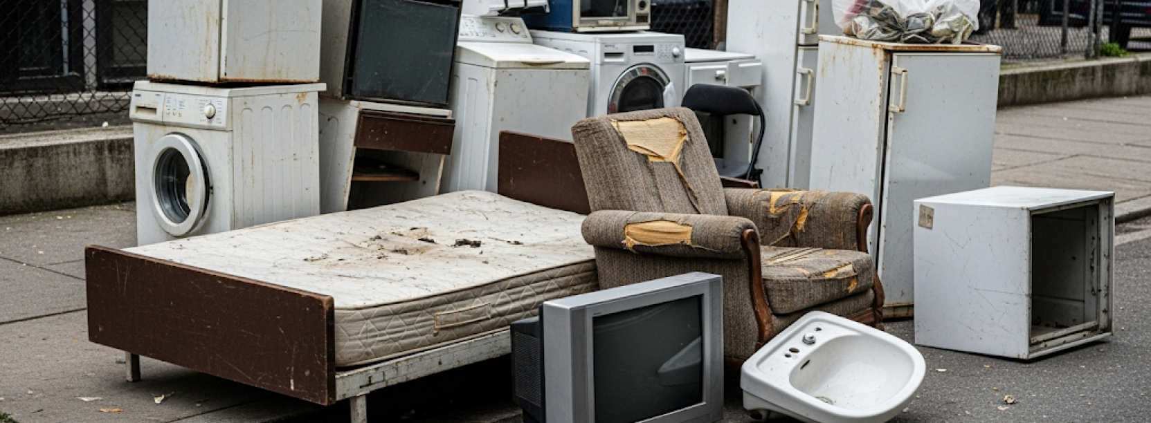 Stare lodówki, pralki, fotel, łóżko i telewizor leżące na chodniku