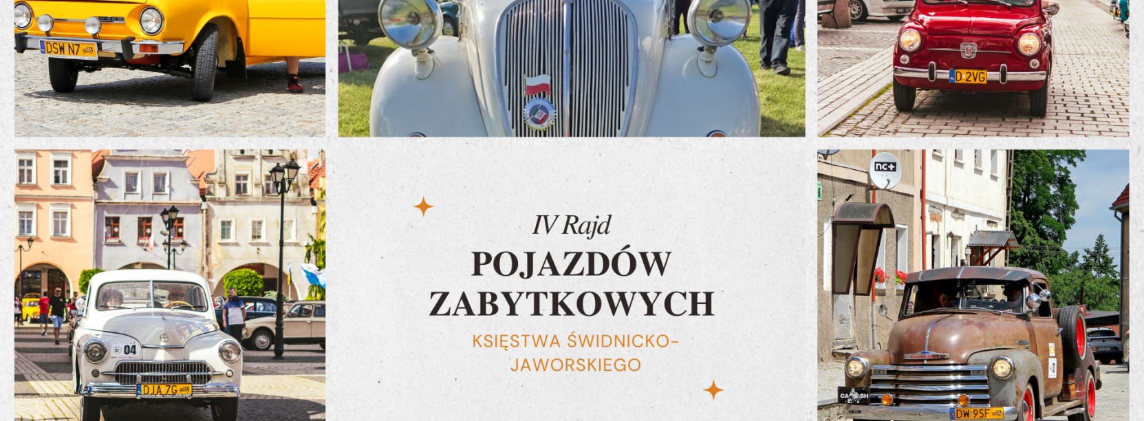 kolaż zdjęć ze starymi samochodami i napis IV Międzynarodowy Rajd Pojazdów Zabytkowych Księstwa Świdnicko-Jaworskiego