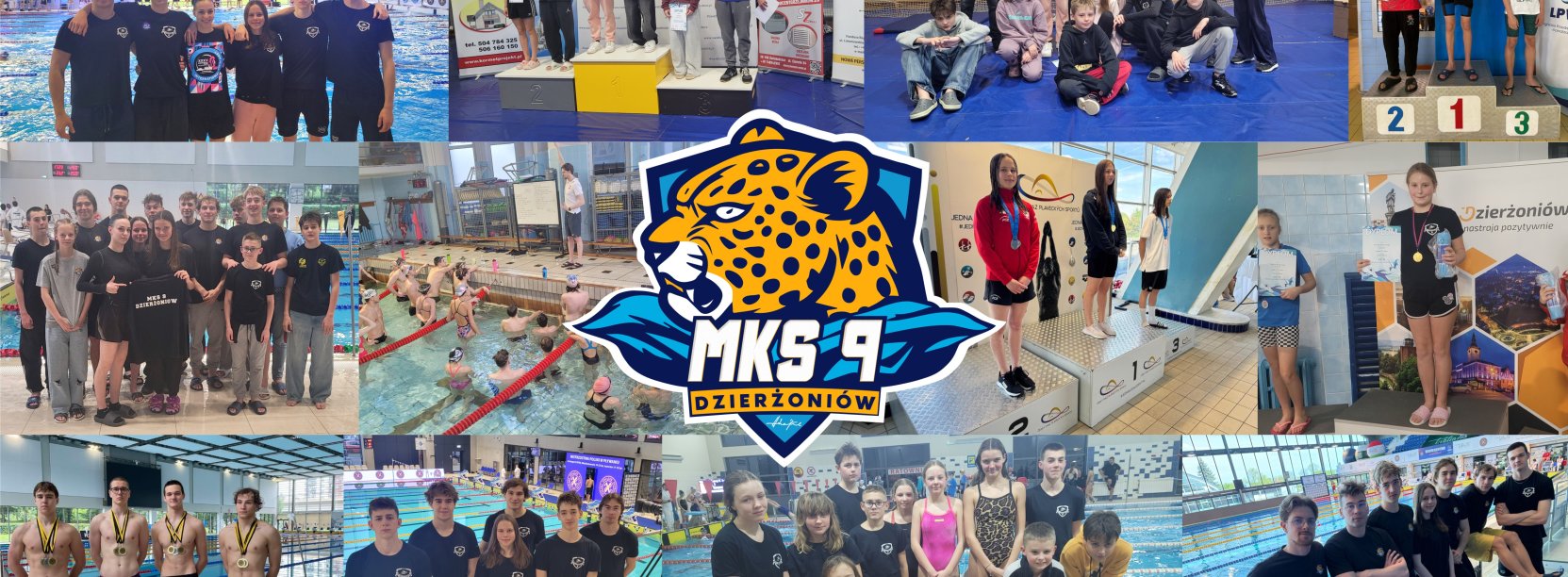 Kolaż zdjęć pływaków należących do klubu MKS 9, na środku logo