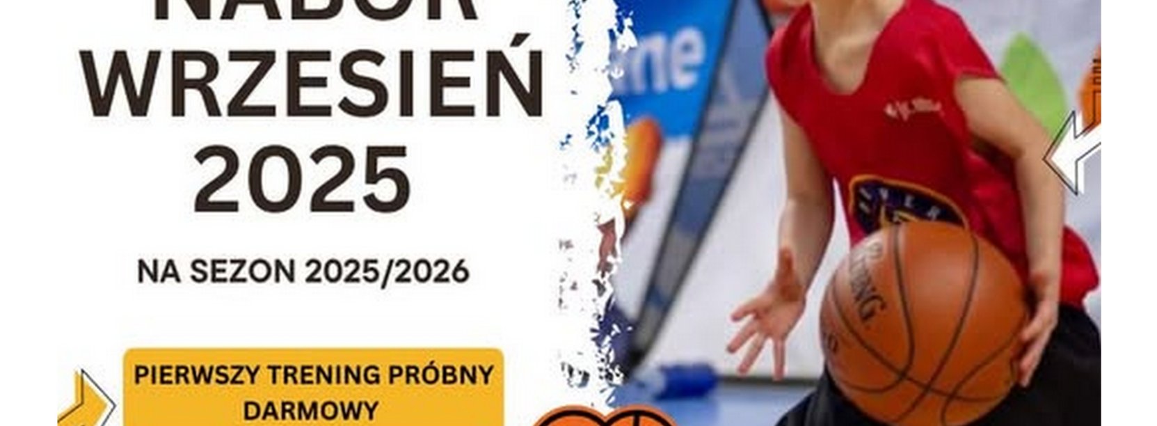 Grafika z napisem nabór wrzesień 2025 i młodym koszykarzem