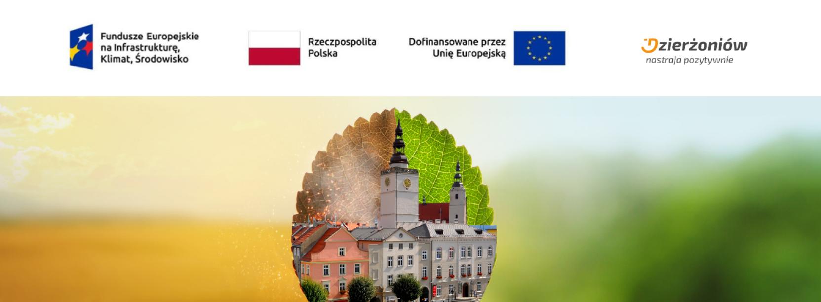 Grafika z dłonią trzymającą ziemię z wyrastającym liściem. Na liściu zdjęcie dzierżoniowskiego ratusza