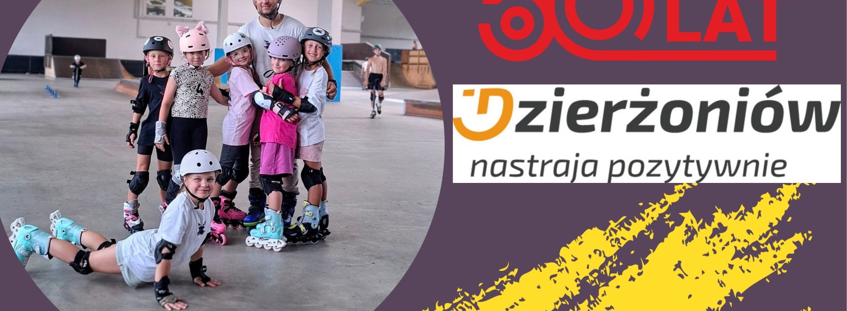 Grafika z logo Dzierżoniowa i Osir-u oraz z dziećmi na rolkach