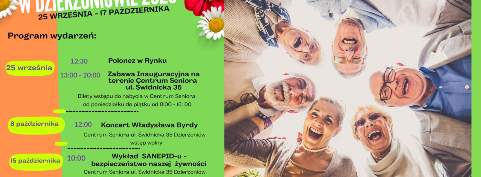 Grafika ze zdjęciem roześmianej grupy seniorów i plakatem senioraliów