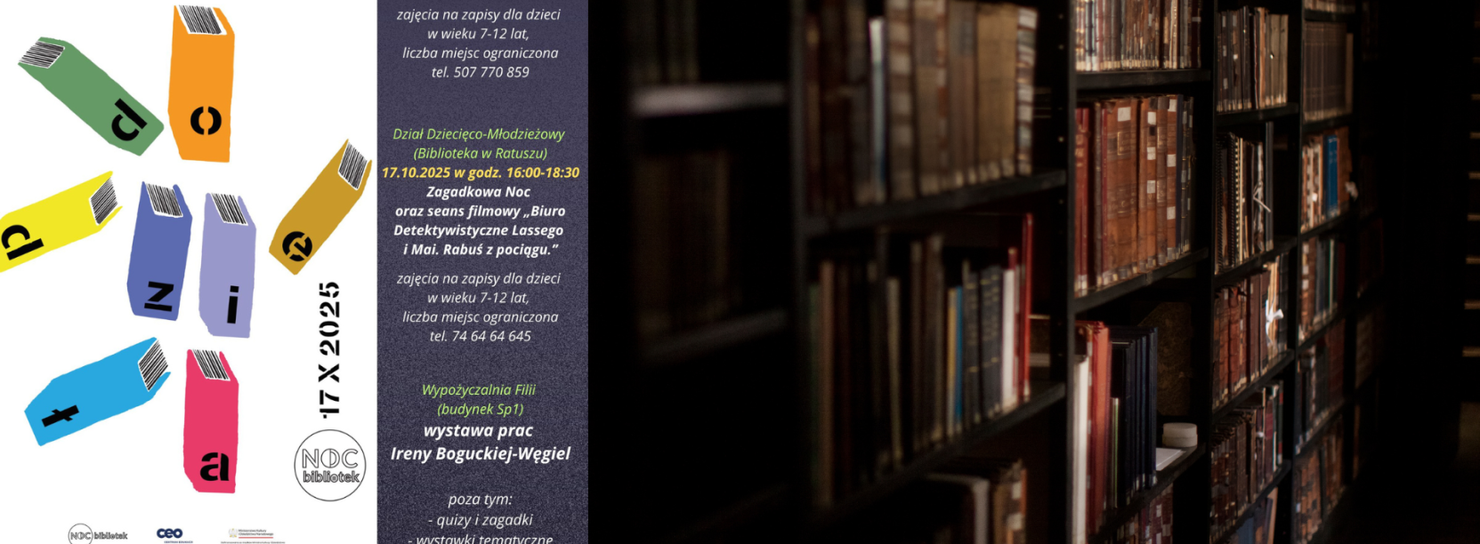 Zdjęcie półek z książkami nocną porą i plakat wydarzenia Noc Bibliotek 