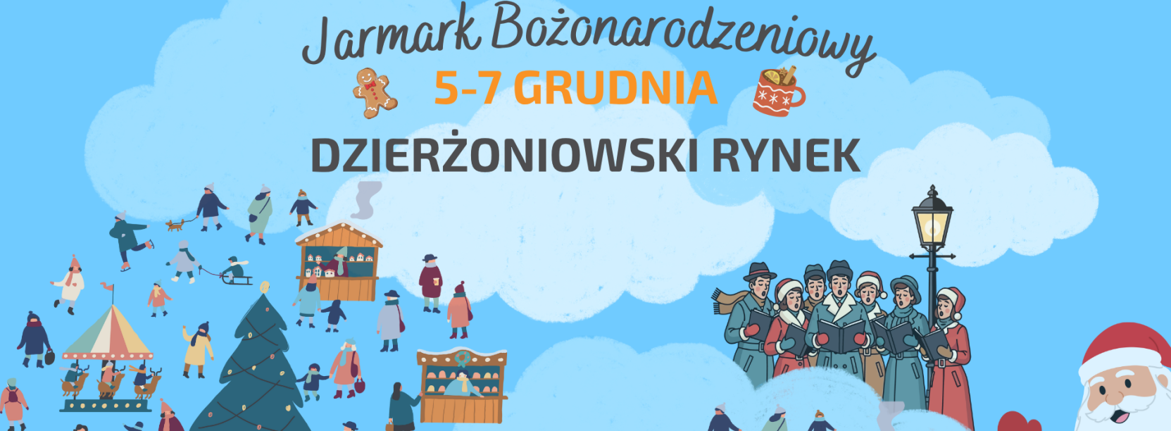 grafika zapraszająca na jarmark bożonarodzeniowy 5-7 grudnia w Dzierzoniowie, na niebieskikm tle ludzie, choinka, mikołaj