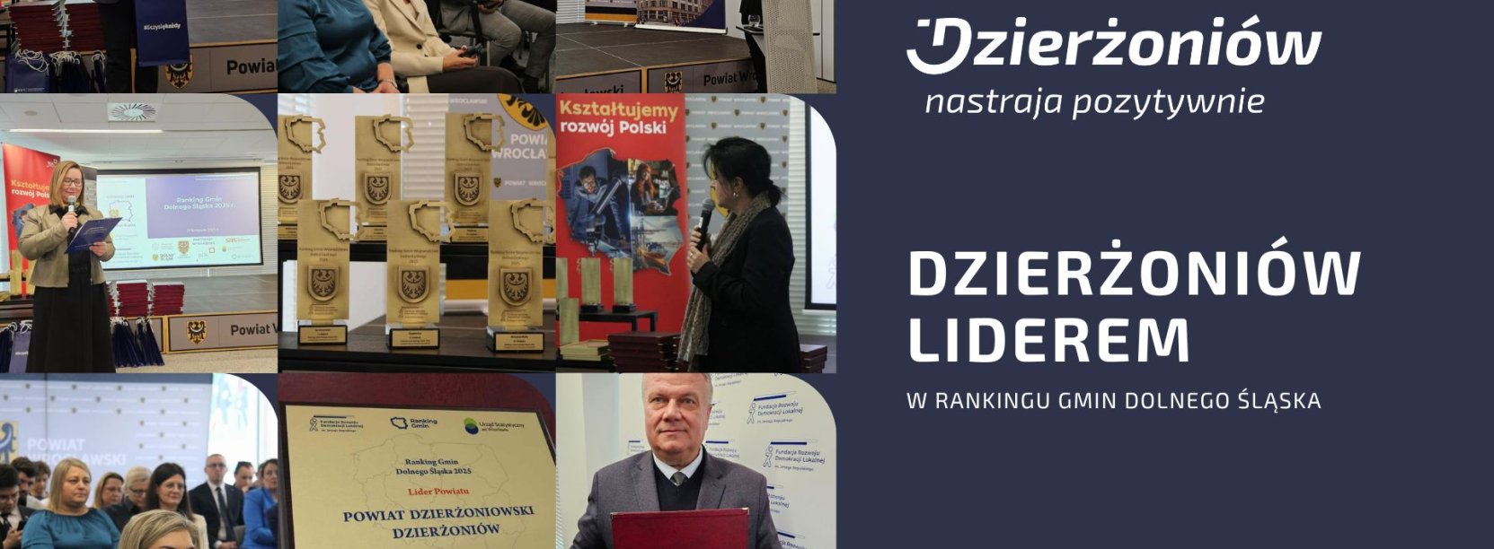 kolaż zdjęc z rozdania nagród w ranmkingu gmin Dolnego SLąska, logo miasta i napis Dzierzoniów Liderem