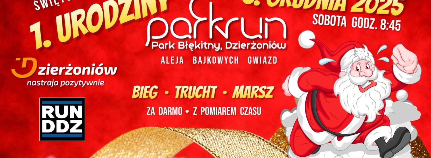 Grafika z Mikołajem i zaproszeniem na bieg mikołajkowy RUN DDZ
