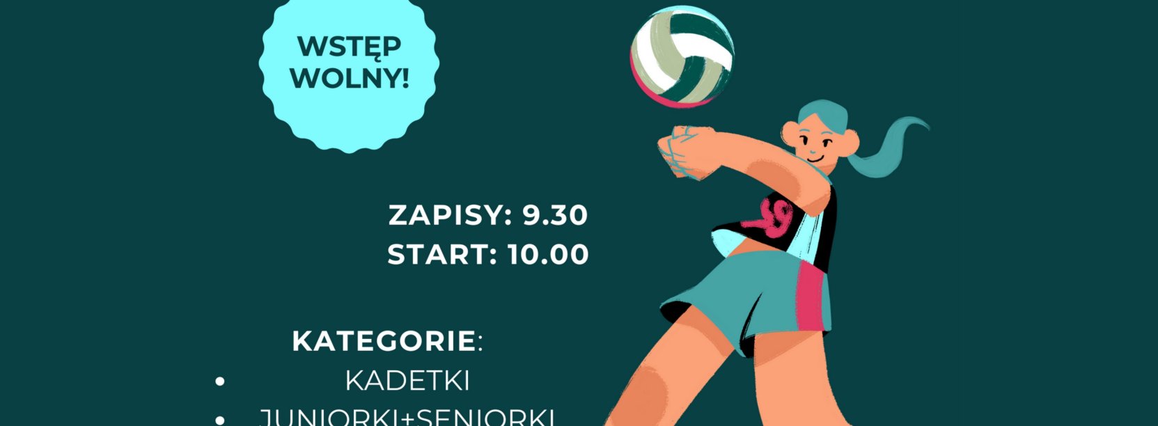 Grafika z dziewczynką odbijającą piłkę siatkową i napisami: 7 grudnia, hala OSiR, zapisy 9.30, start 10.00