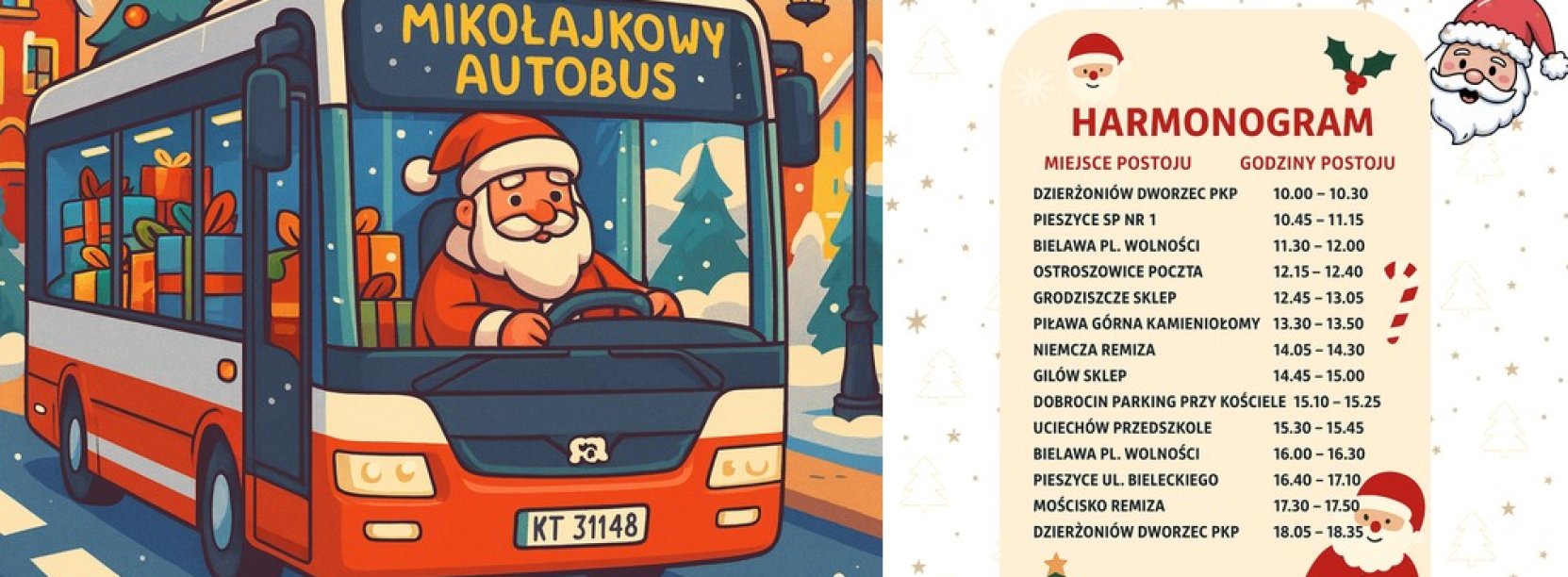Grafikan z MIkołajem w autobusie i rozkład jazdy autobusu
