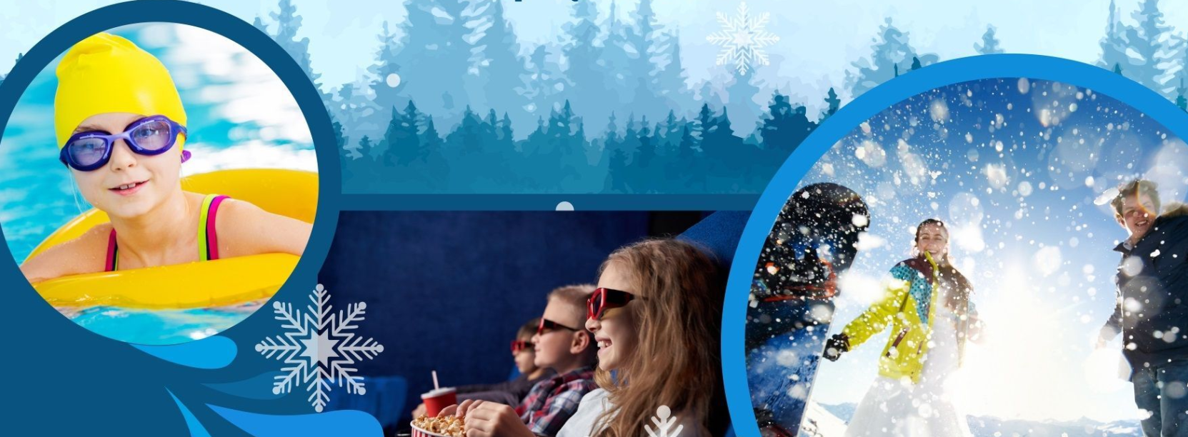 Plakat półkolonii z logotypem OSiR-u, zdjęciami dzieci w kinie, na basenie i na nartach oraz terminami zajęć