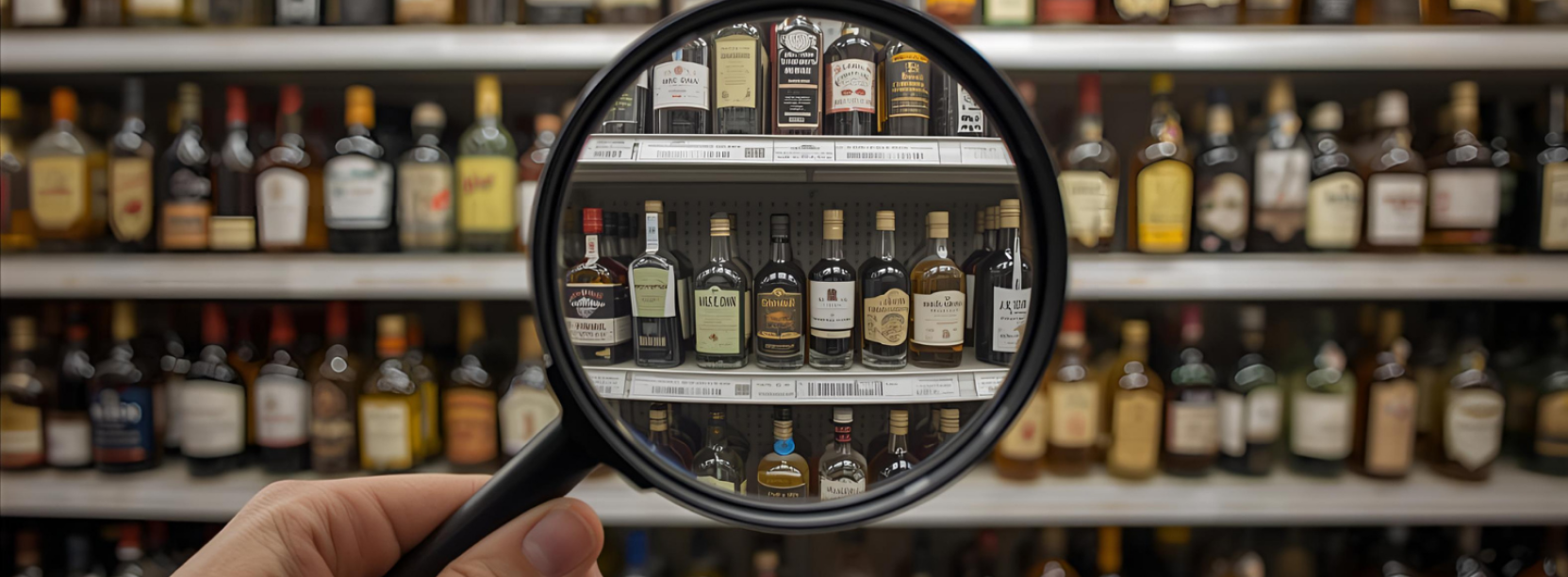 Zdjęcie półek z alkoholem, na pierwszym planie lupa, obraz za lupa powiększony