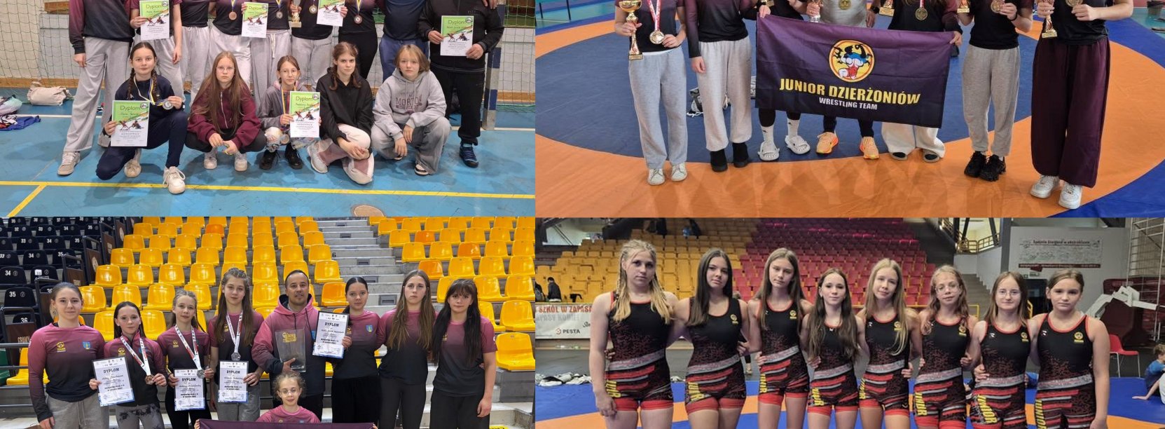 Cztery zdjęcia z zawodów - zapaśniczki z medalami