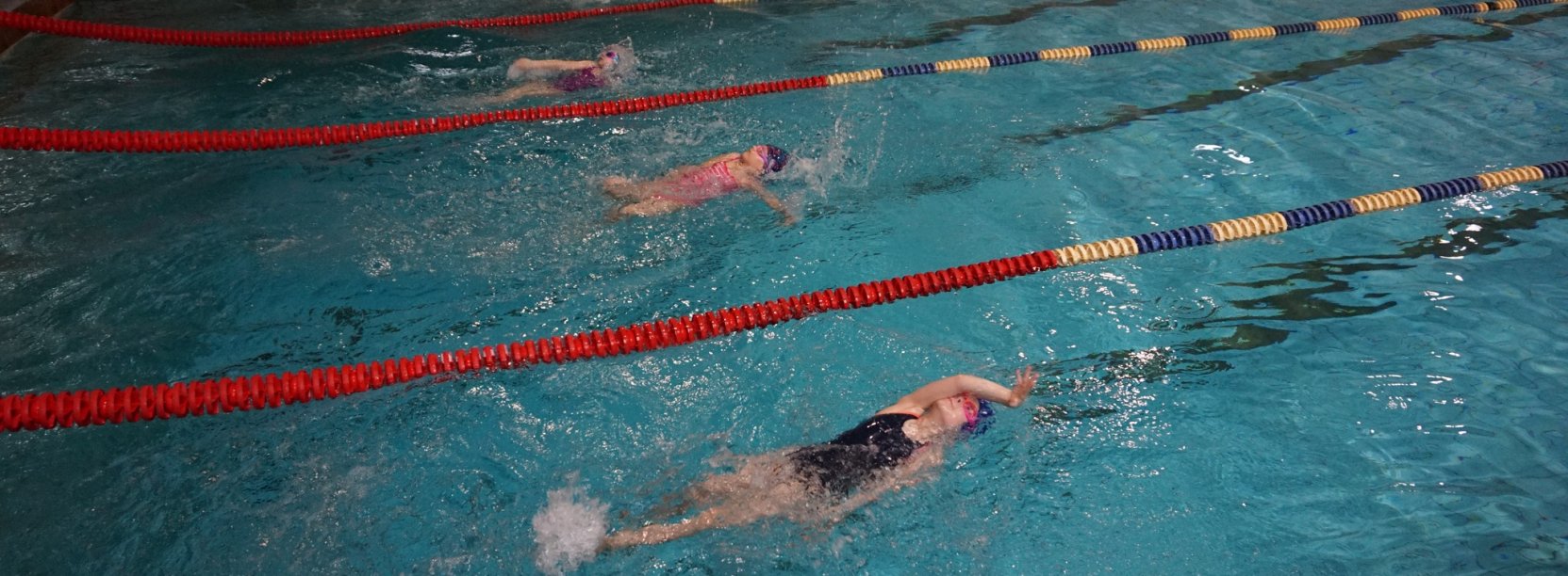 dzieci pływające na basenie grzbietem