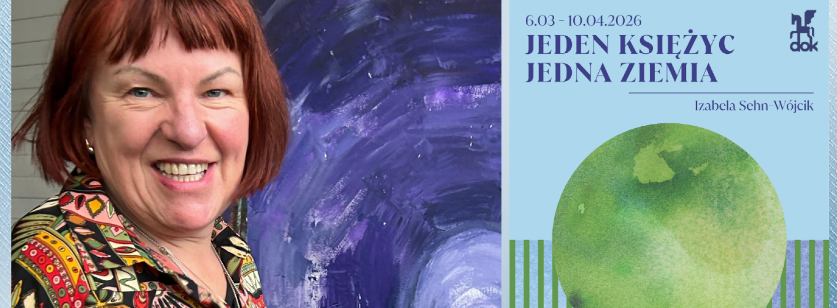 Kolaż zdjęcia autorki wystawy i plakatu z jabłkiem na pierwszym planie