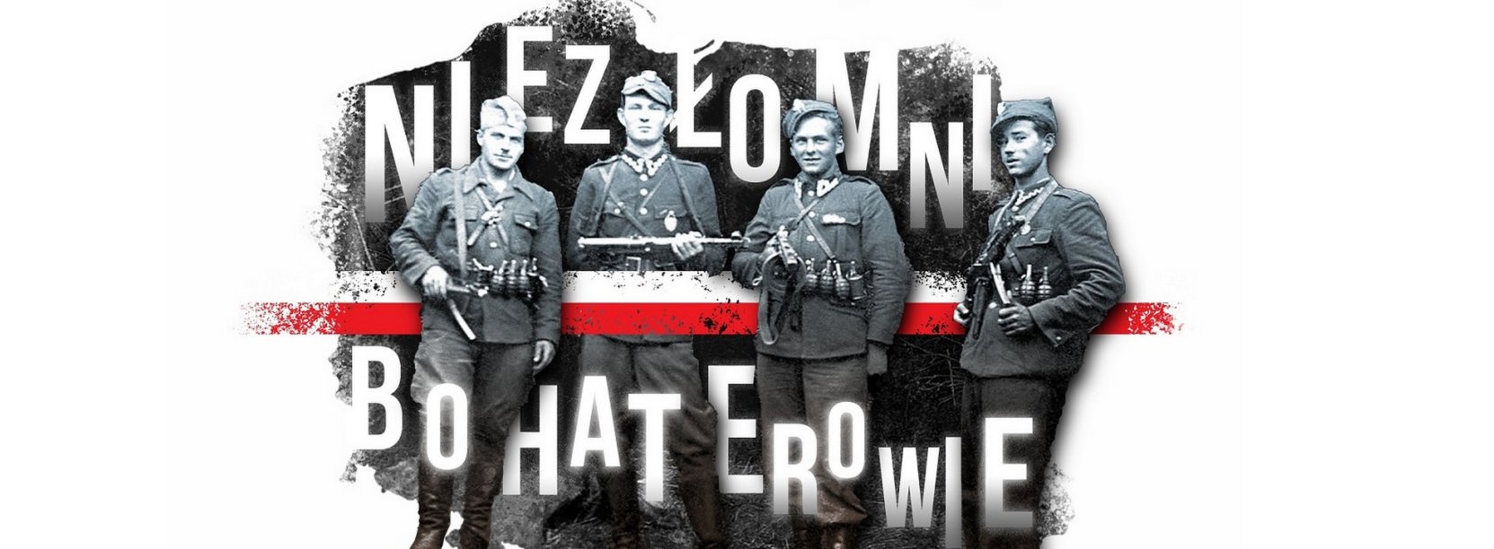 Czarno-białe zdjęcie żołnierzy wyklętych na tle konturów kraju