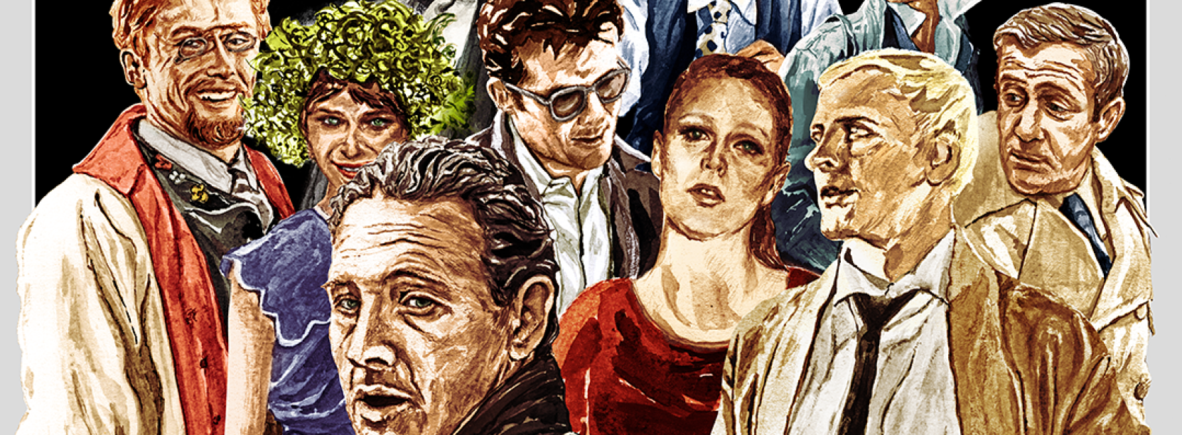 plakat rysunkowy z aktorami, którzy grali w dziełach Andrzeja Wajdy, m.in. ZBigniew Cybulski, Daniel Olbrychski