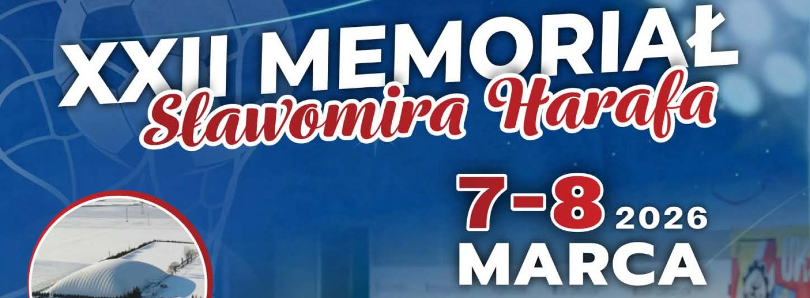 Plakat imprezy z młodymi piłkarzami na zdjęciu stojącymi w rzędzie