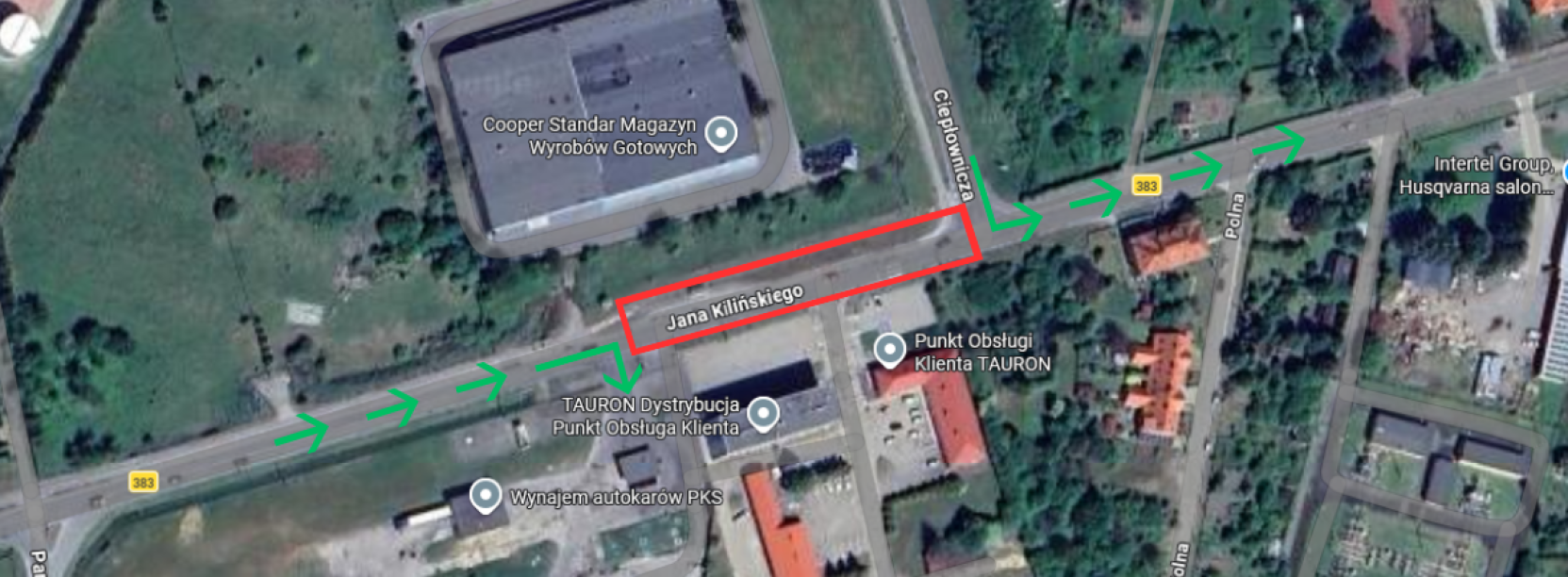 Widok mapy satelitarnej rejonu ul. Kilińskiego z zaznaczonymi możliwościami dojazdu