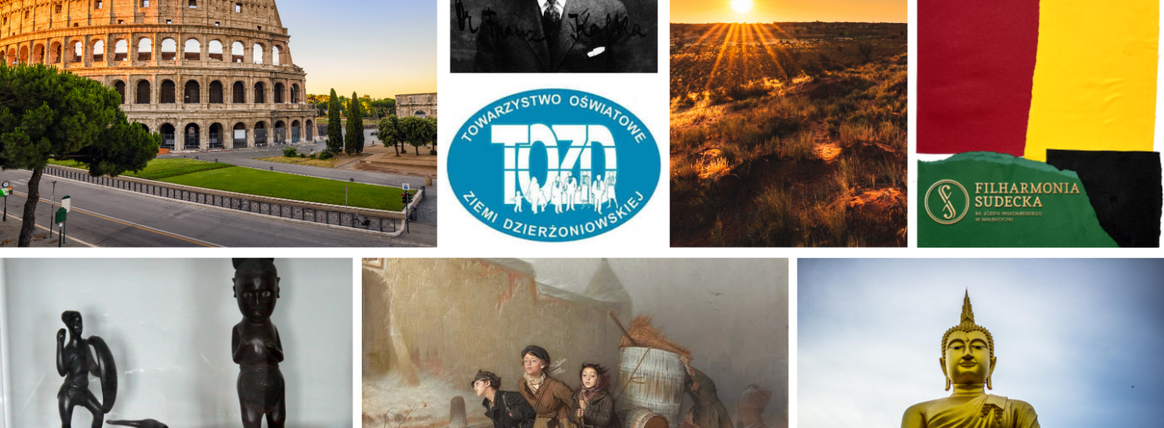 Kolaż zdjęć tematów marcowych spotkań Towarzystwa Oświatowego Ziemi Dzierżoniowskiej