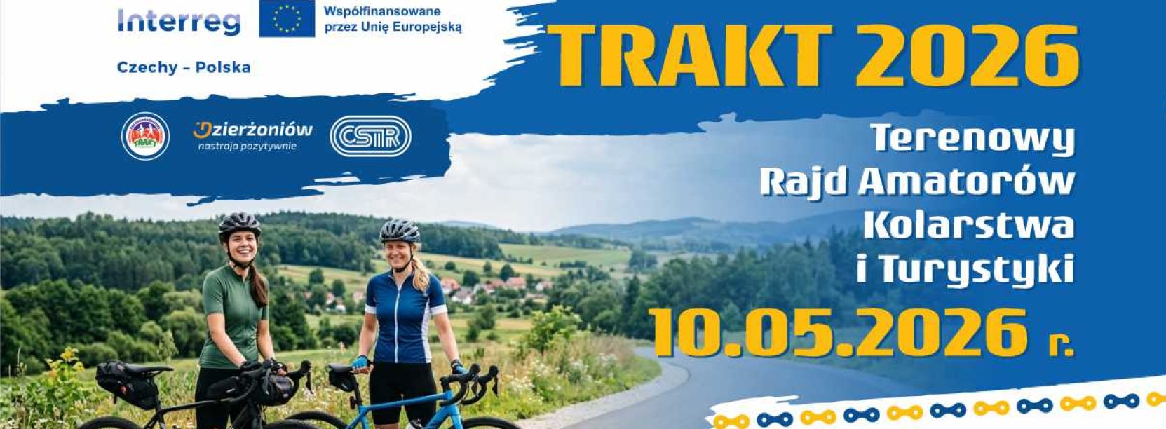 napis: TRAKT 2026 Terenowy rajd Amatorów Kolarstwa i Turystyki, logotupy unijne i euroregionu glacensis, para rowerzystek