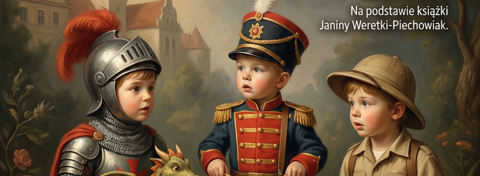 Trzech chłopców w strojach z różnych epok trzymających na kolanach książkę, bębenek i smoka