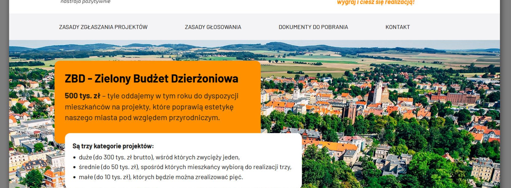 Dzierżoniów z góry, na pomarańczowym tle informacje podane w tekście