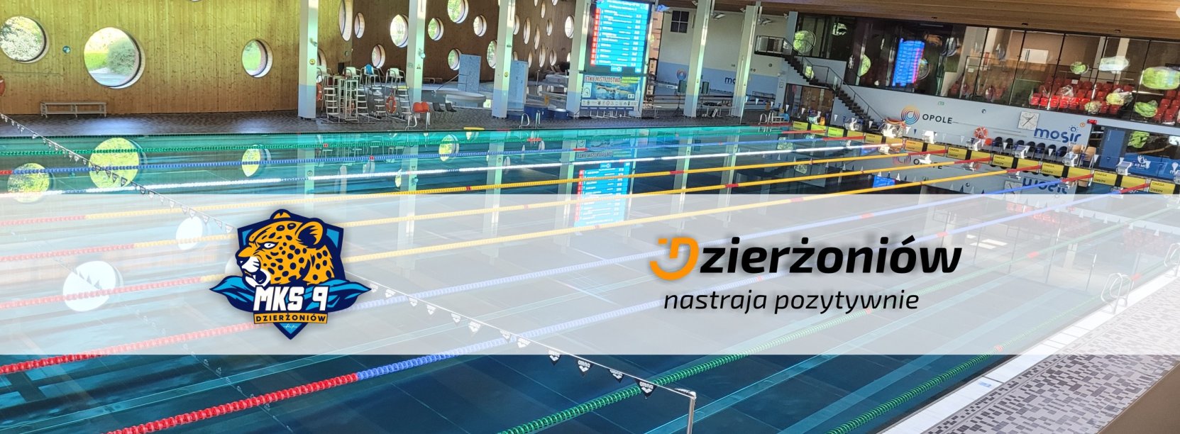 Basen kryty w Opolu, na zdjęcie nałożone logo miasta i klubu