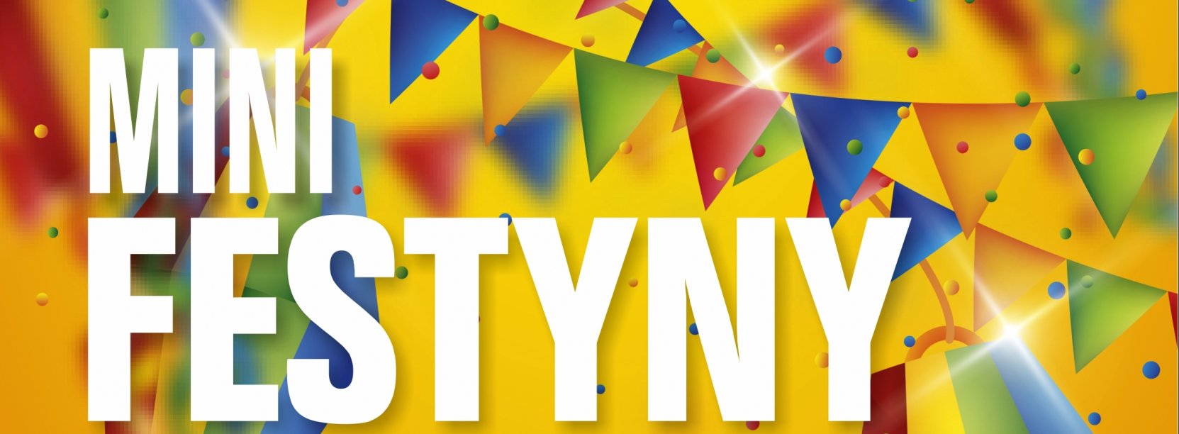grafika - kolorowe tło, biały napis Mini Festyny