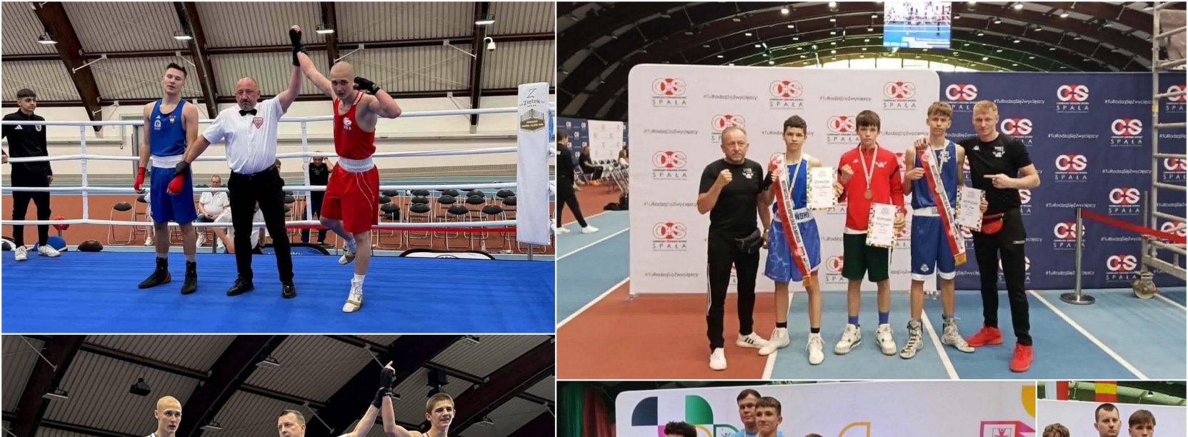 Kolaż zdjęc bokserów na ringu i na podium