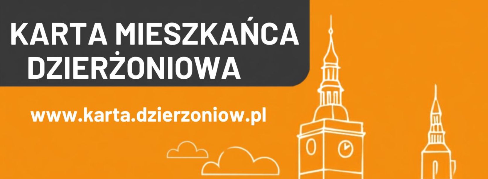 Element oszdobny - grafika z pomarańczowym tłem i napisem Karta Mieszkańca Dzierżoniowa