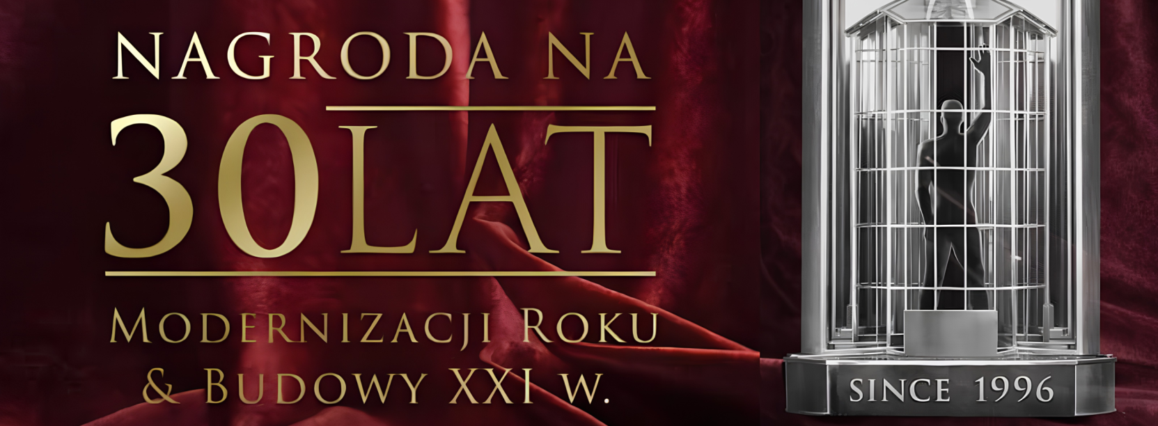 Grafika, bordowe tło i napis Nagroda 30 lat modernizacji roku