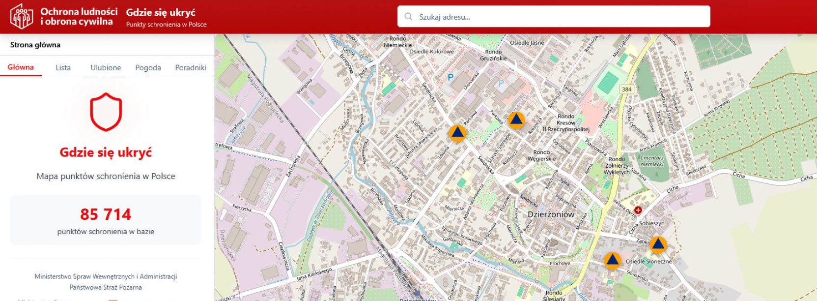 Mapa Dzierżoniowa z zaznaczonym punktami, w których można szukać schronienia