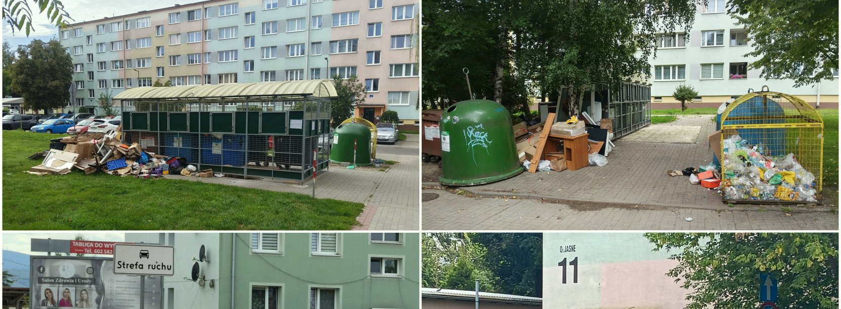 Kolaż czterech zdjęć śmietników, przy których pozostawiane są różne odpady