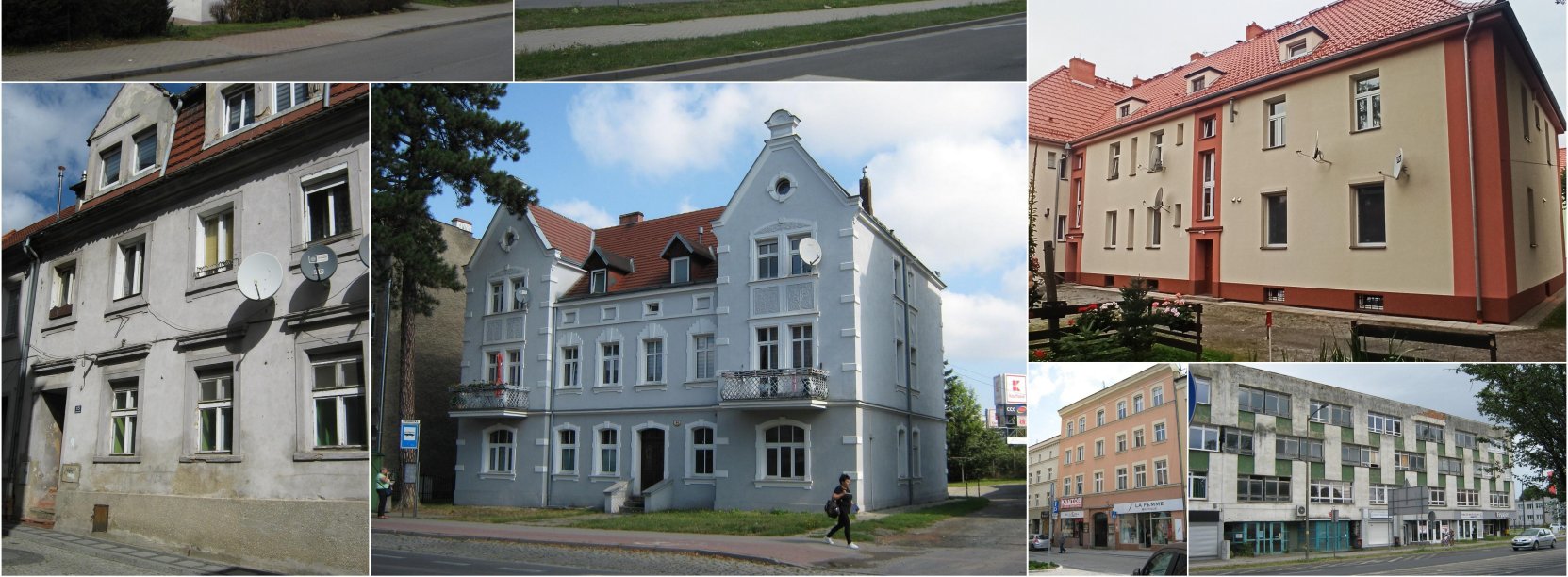 Kolaż zdjęć budynków mieszkalnych i użytkowych wystawionych w przetargu