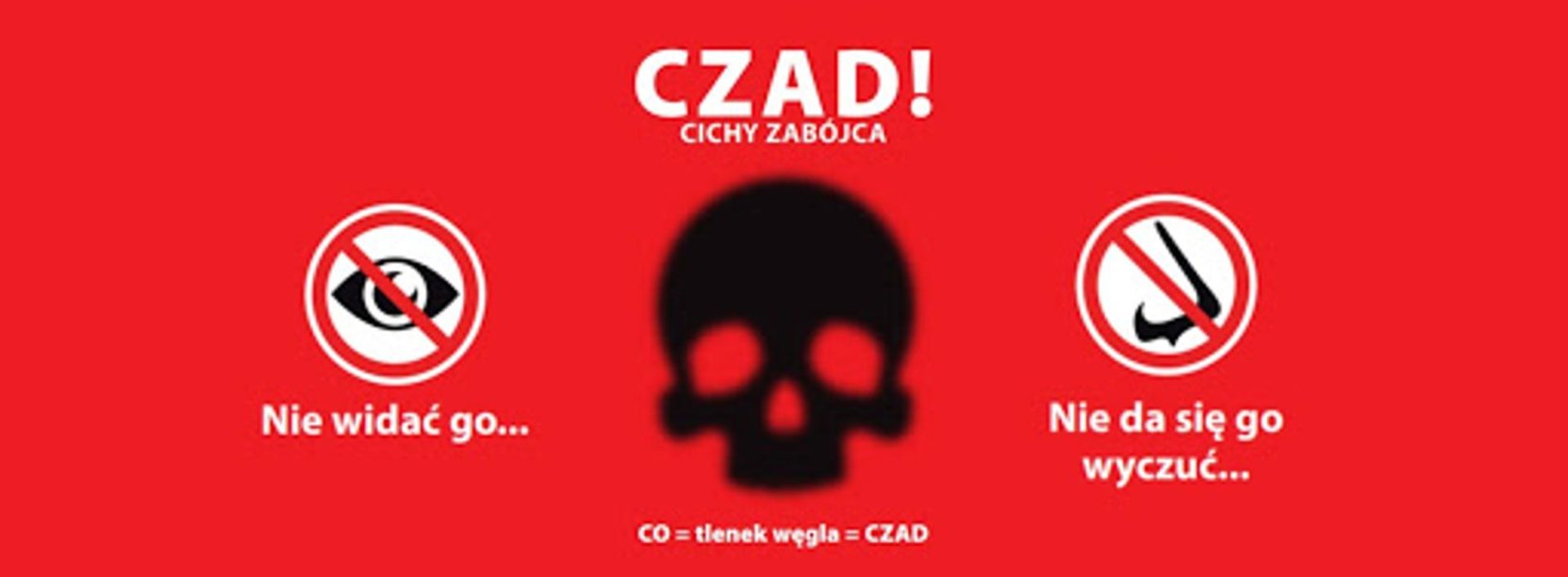 Grafika, czerwone tło i biały napis "Czad- cichy zabójca"