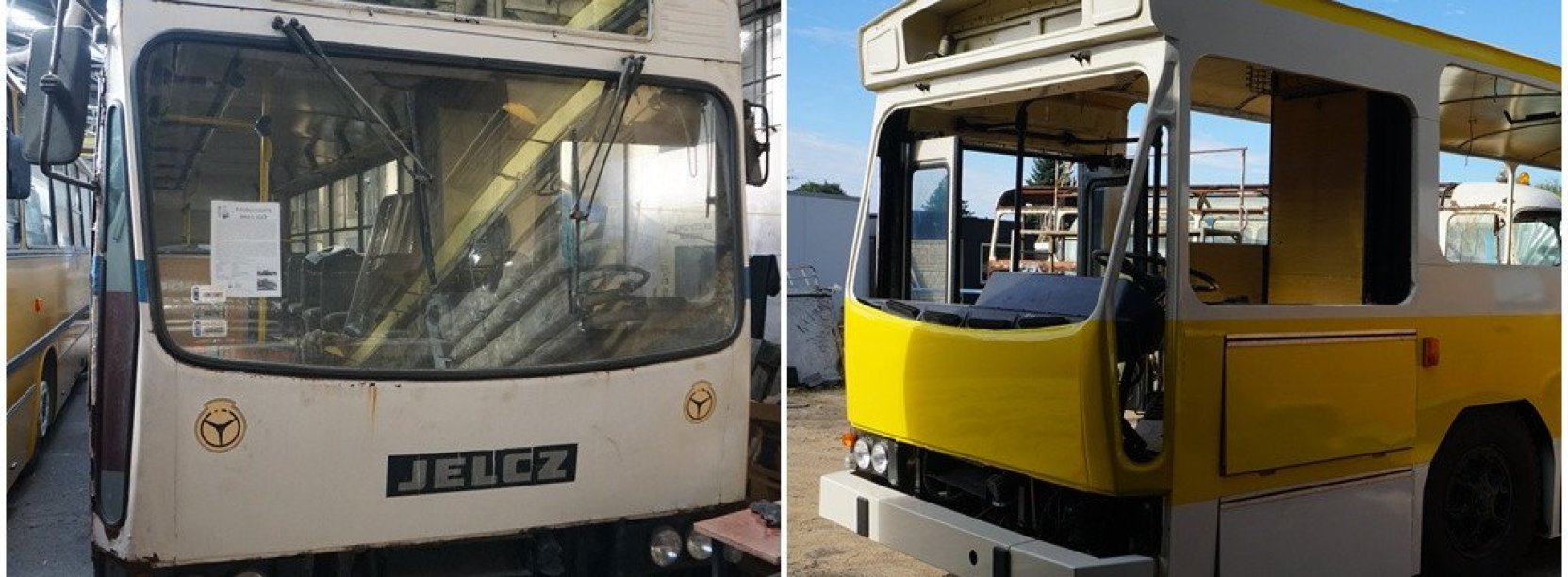 niebiesko biały stary jelcz i żółto-biały autobus marki jelcz bez szyb, w trakcie modernizacji