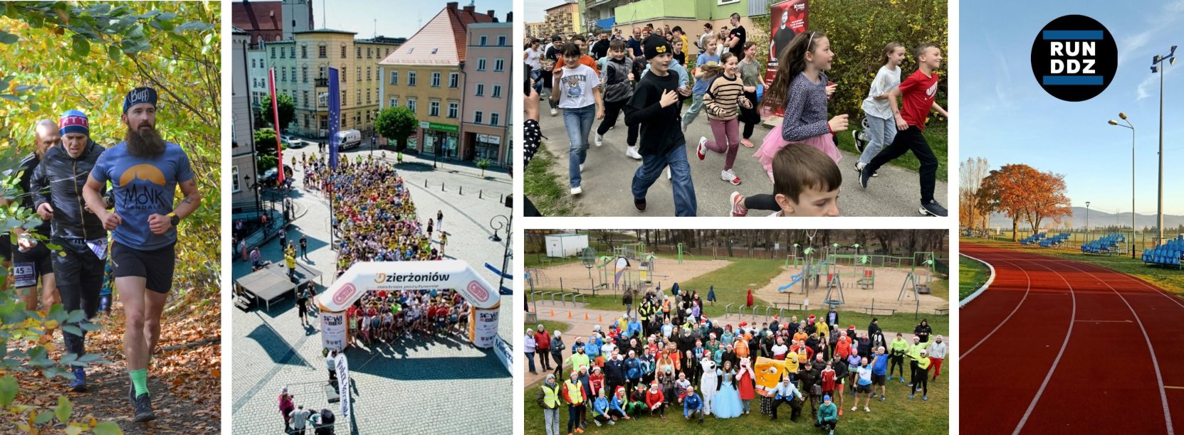 Kolaż zdjęć przedstawiających bieżnię, osoby biegające w lesie, ulicami i po dzierżoniowskim rynku