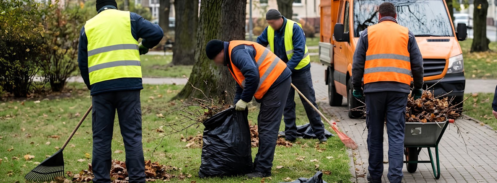 czterej mężczyzni w kolorowych kamizelkach wykonują prace porządkowe na terenie zielonym
