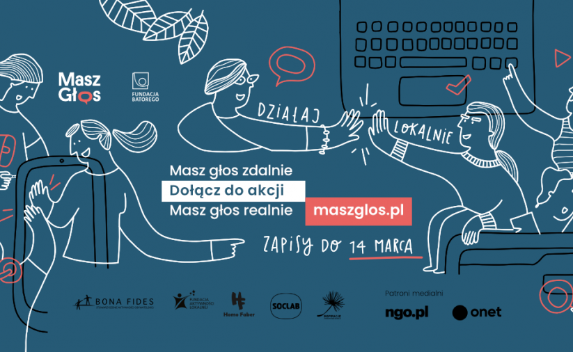 Grafika na niebieskim tle z rysunkami ludzi w różnych pozach