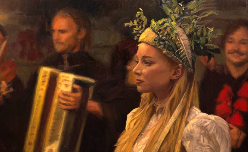 Obraz olejny, dziewczyna w wianku, z tyłu zespół ludowy 
