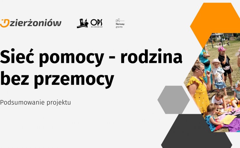 Grafika ze zdjęciem dzieci i napisem Sieć pomocy  - rodzina bez przemocy, podsumowanie projektu oraz logotypy Dzierżoniowa, OPS oraz funduszy norweskich