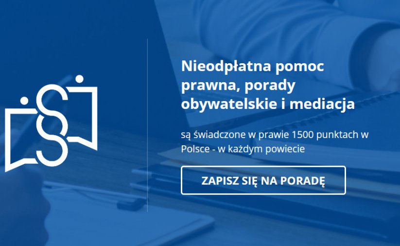 Grafika z niebieskim tłem i napisem Bezpłatna Pomoc Prawna
