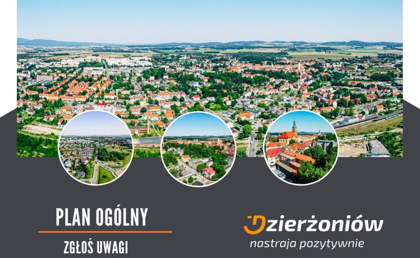 Grafika ozdobna ze zdjęciami Dzierżoniowa z lotu ptaka