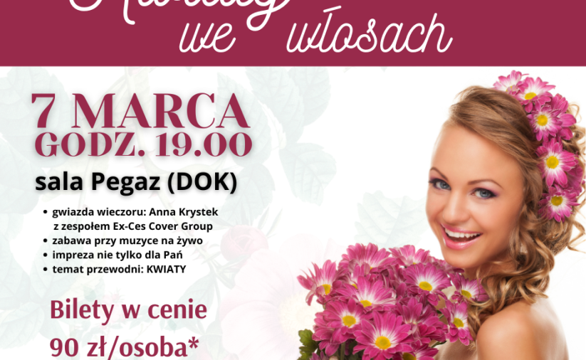 Grafika z napisem Kwiaty we włosach i treścia jak w informacji po prawej stronie młoda kobieta z różowymi kwiatami w dłoni i we włosach