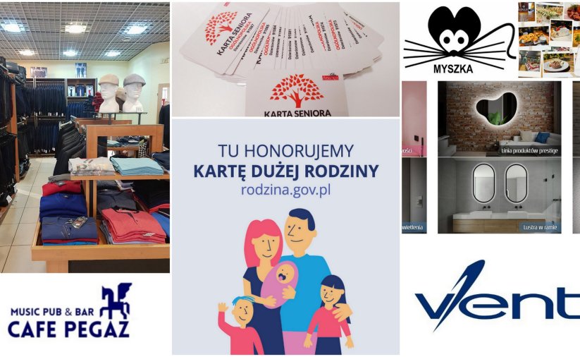 Kolaz zdjęć i logotypów nowych partnerów karty dużej rodziny i karty seniora