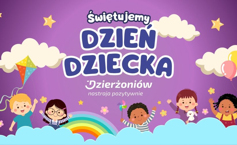 Na fioletowym tle chmurki, kolorowe balony i latwiac oraz uśmiechnięte dzieci. Napis Świętujemy Dzień Dziecka, logo Dzierzoniów nastraja pozytywne